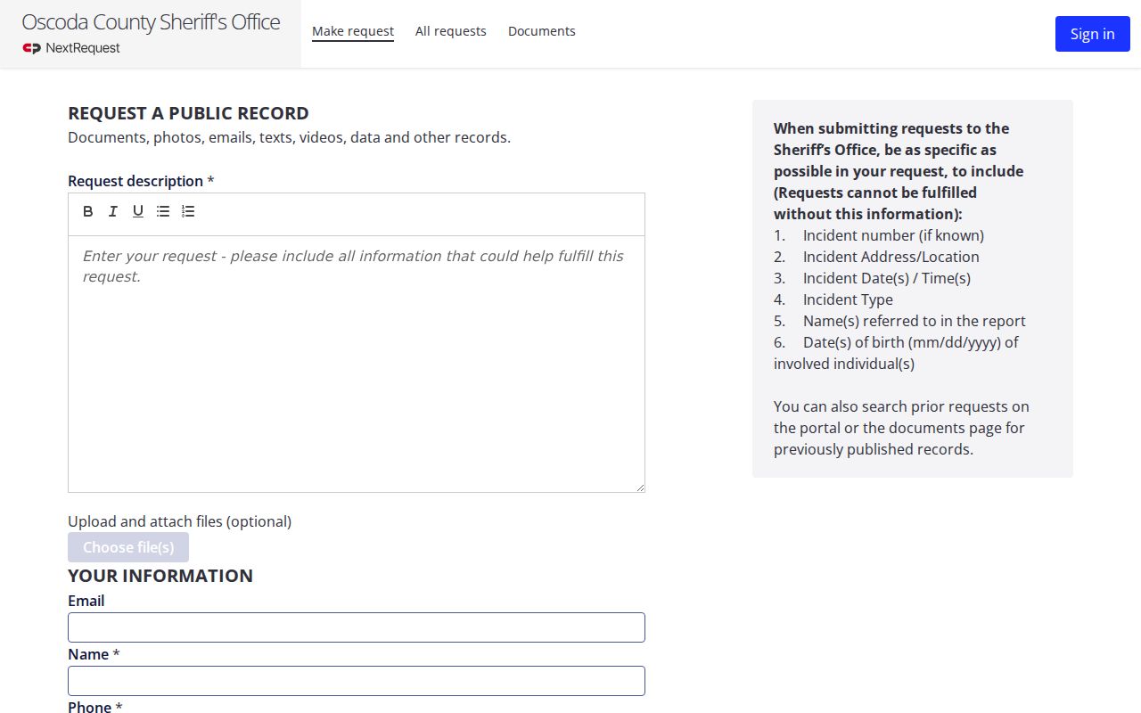 Oscoda County arrest history request form in the official sheriff portal