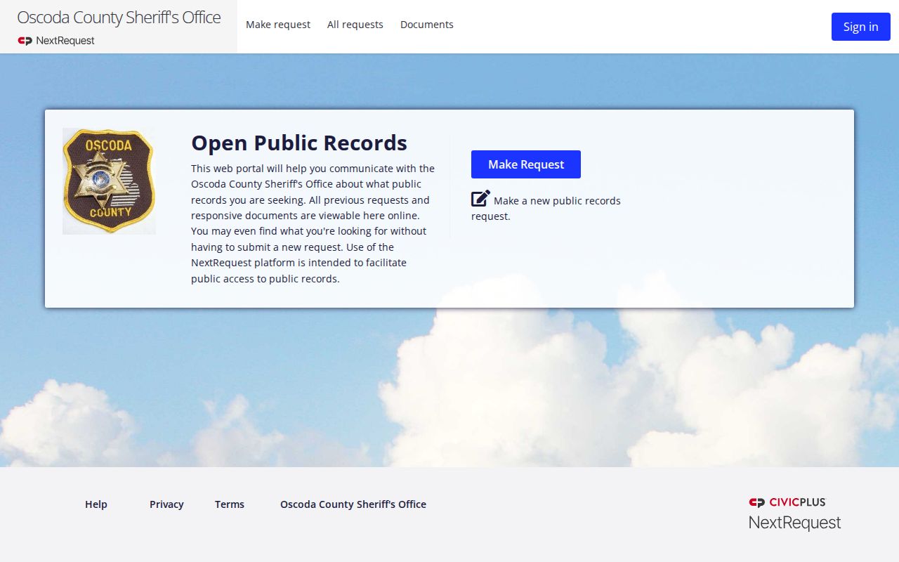 Oscoda County arrest record request landing page in Sheriff NextRequest