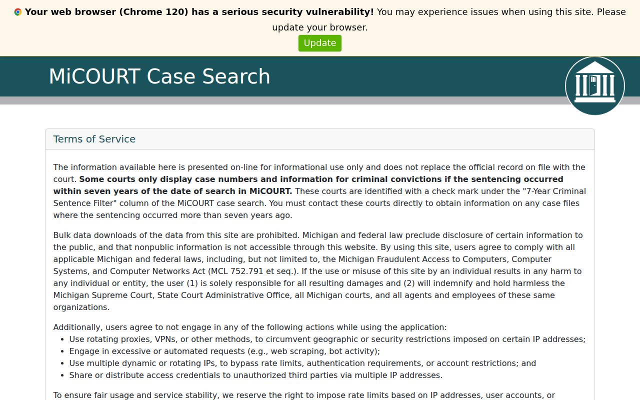 Michigan MiCOURT criminal case search interface used for Oscoda County
