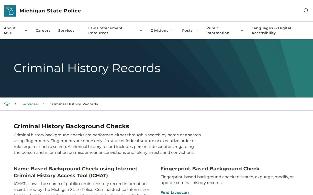 Oscoda County criminal history channels on the Michigan State Police page